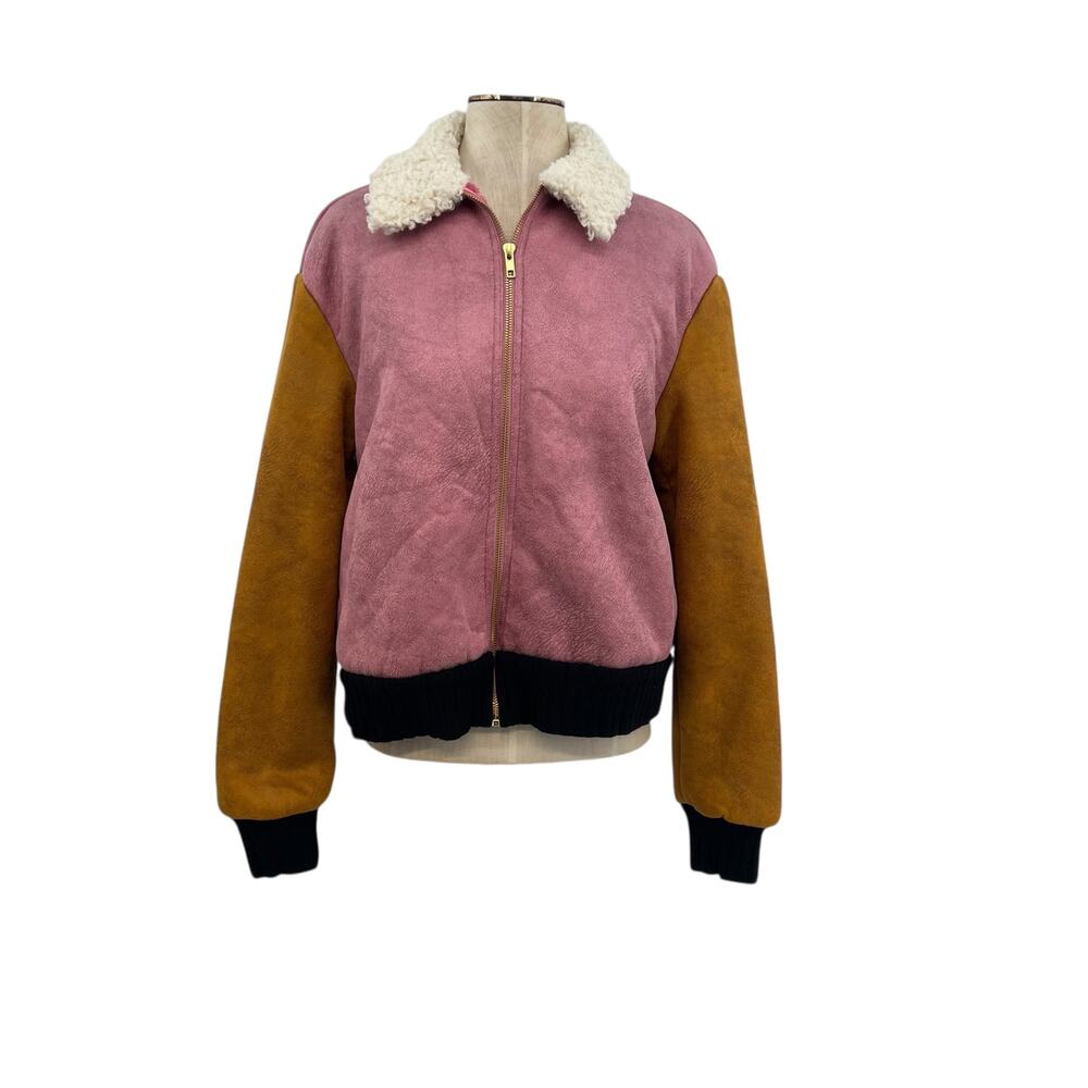 Anthropologie Hutch Faux Suede Colorblock Bomber Jacket Pink Size Medium - Picture 2 of 12